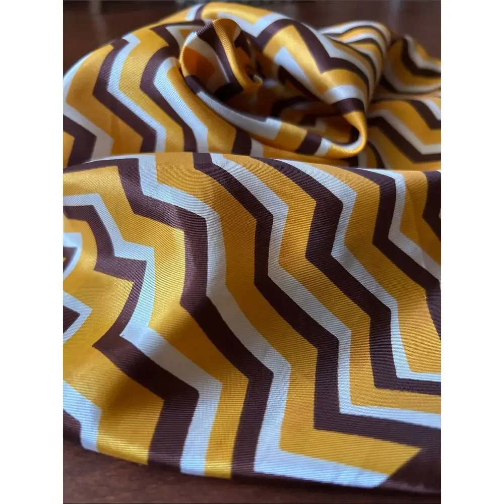 Vintage Jacques Piaget Zigzag Silky Scarf in Yellow, Brown & White
